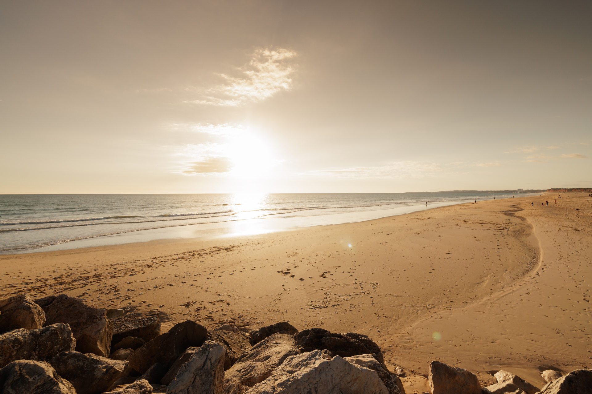 a serene beach at sunset with golden sand, gentle ocean waves, and a warm sky.